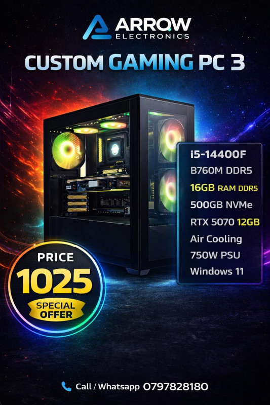 CUSTOM gaming pc (pc-3) Core i5-14400F / AIR COOLING / M.B B760M DDR5 / 16GB 5600 / RTX 5070 12GB DDR7 / GAMING CASE /POWER SUPPLY 750W / SSD 500GB NVME