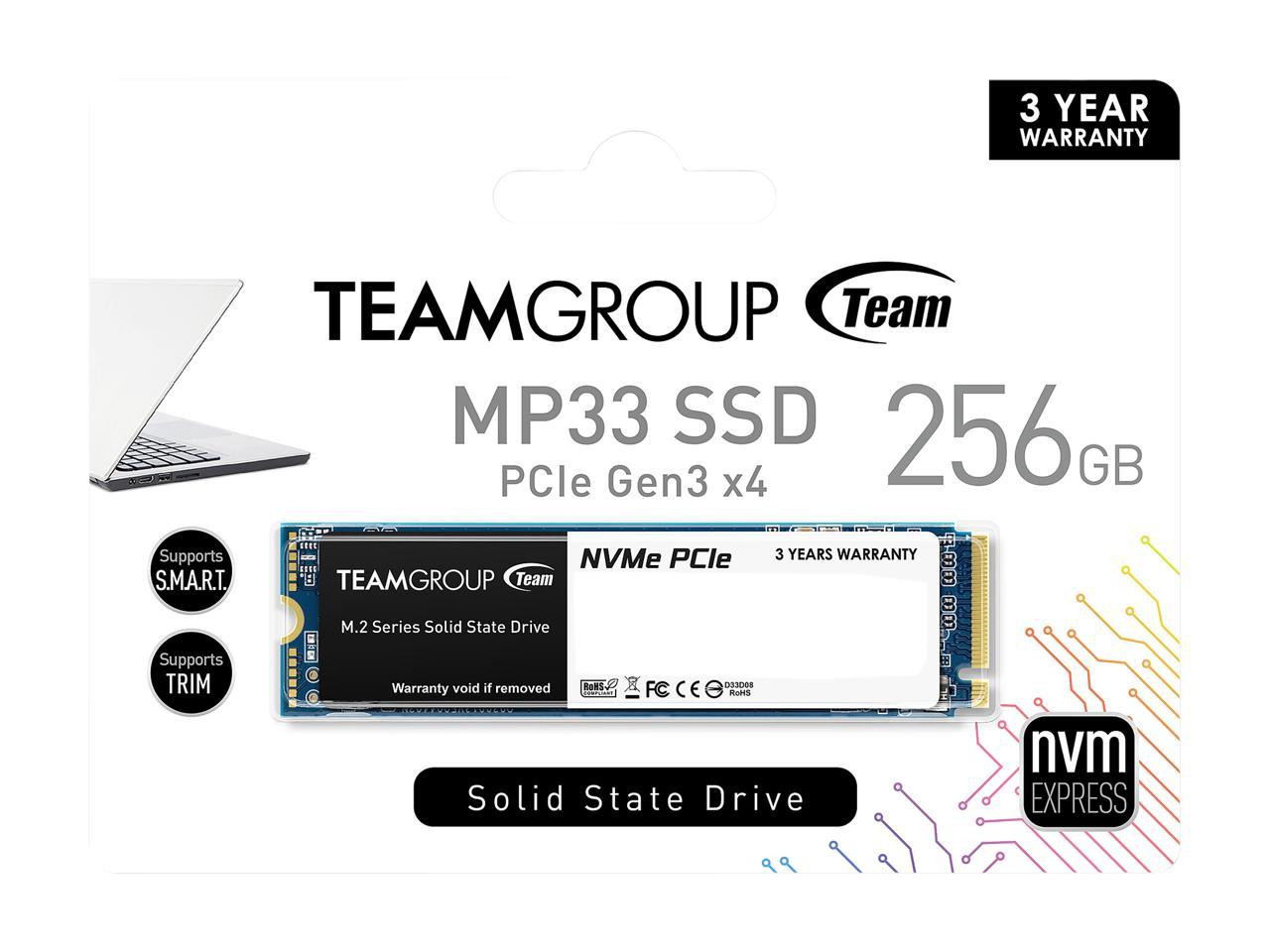 Team Group 256GB MP33 NVMe® SSD -  PCIe Gen3 x4 8 GB/s, M.2 2280, 3D NAND, Up to 1800 MB/s