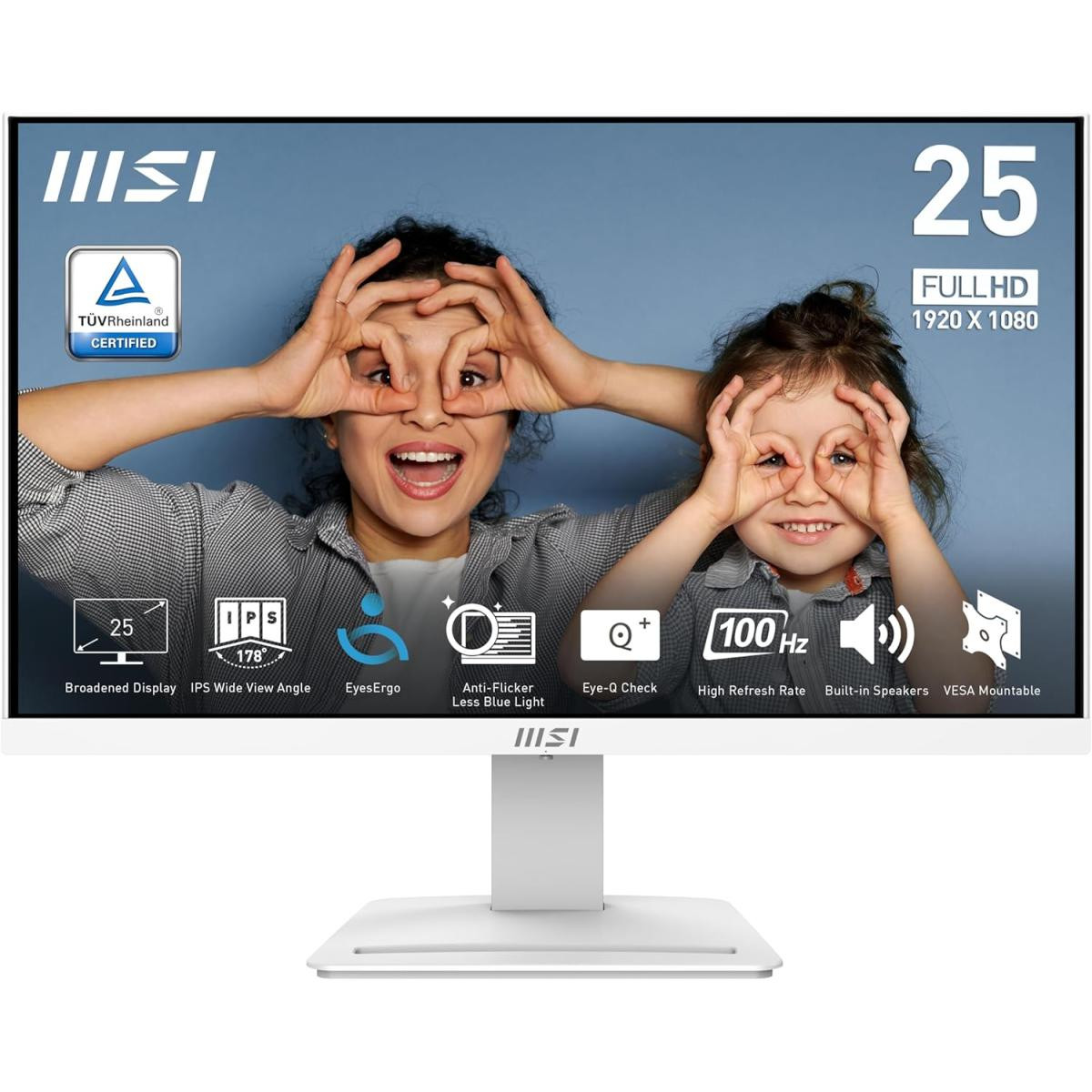 MSI PRO MP253W 24.5-inch IPS 1920 x 1080 (FHD) 300 cd/m2 Computer Monitor, 100Hz, Adaptive-Sync, HDMI, DP Port, VGA Port, VESA Mountable, Tilt, W/ Speaker, 1ms, White