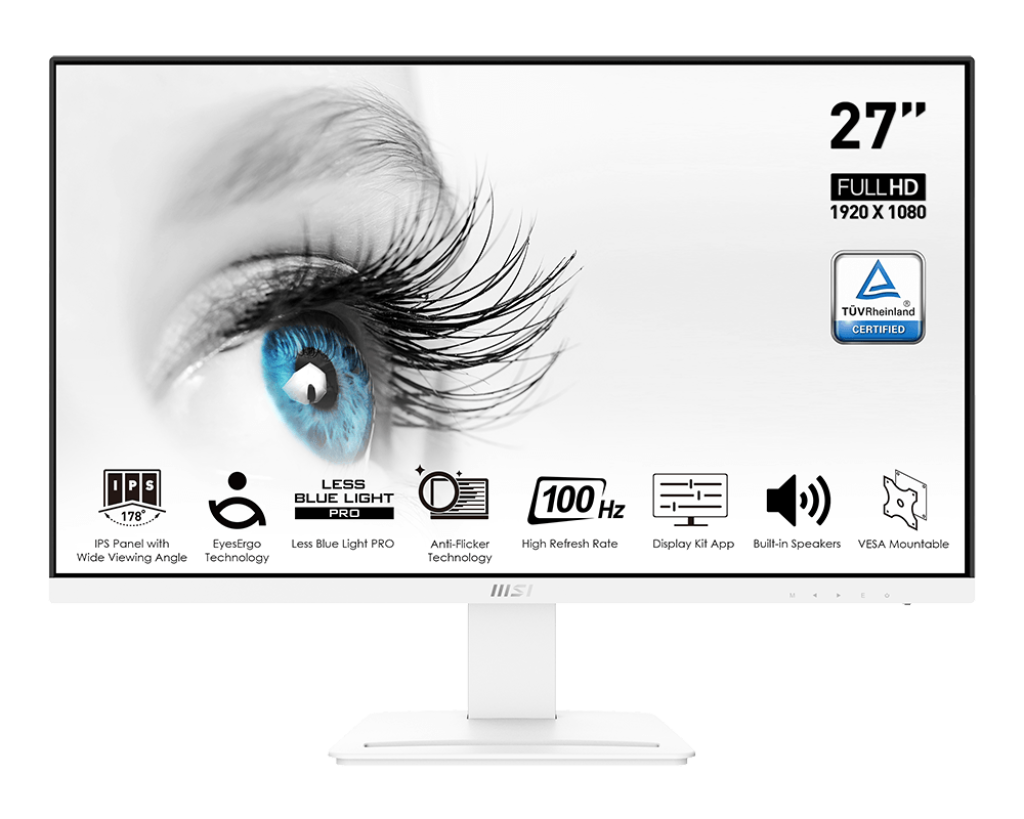 MSI Pro MP273AW 27" 1920 x 1080 (FHD) IPS 100Hz 1ms HDMI 1.4b \ DP 1.2a & VGA With Built-In Speakers Flat Monitor - White
