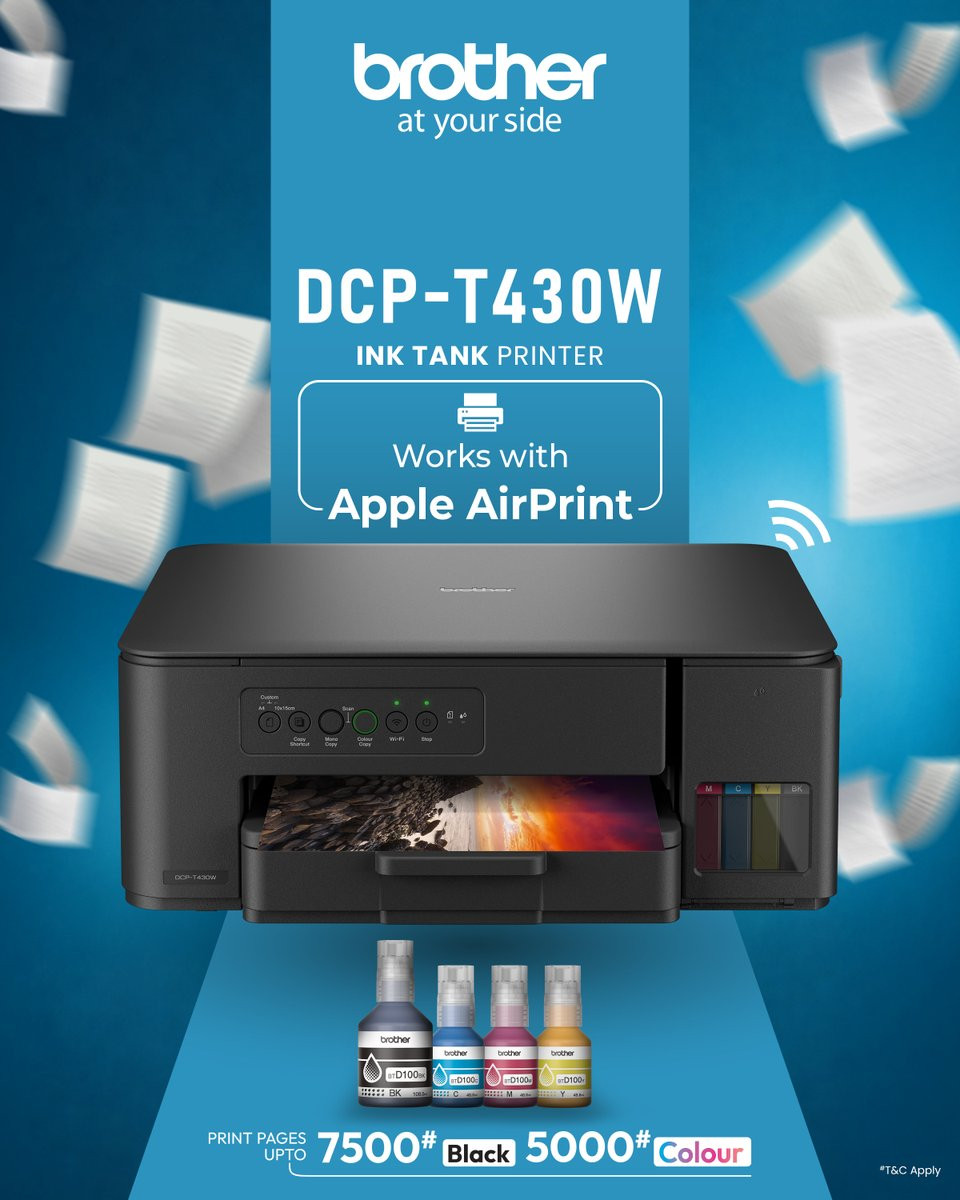 Brother ink tank Color DCP-T430W Printer, A4 WiFi, Compatible w/Mobile, Full ink included, 7500/5000 pages (black/colour)