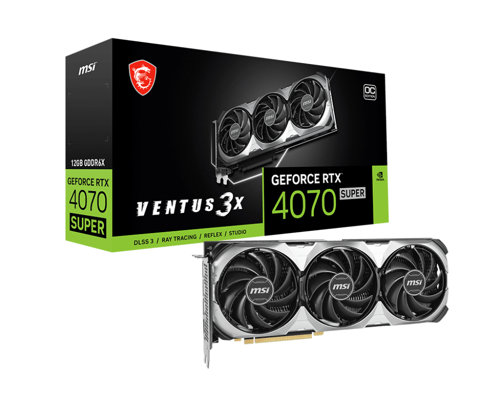 MSI Gaming RTX 4070 Super 12G Ventus 3X OC Graphics Card (NVIDIA RTX 4070 Super, 192-Bit, Extreme Clock: 2520 MHz, 12GB GDRR6X 21 Gbps, HDMI/DP, Ada Lovelace Architecture)