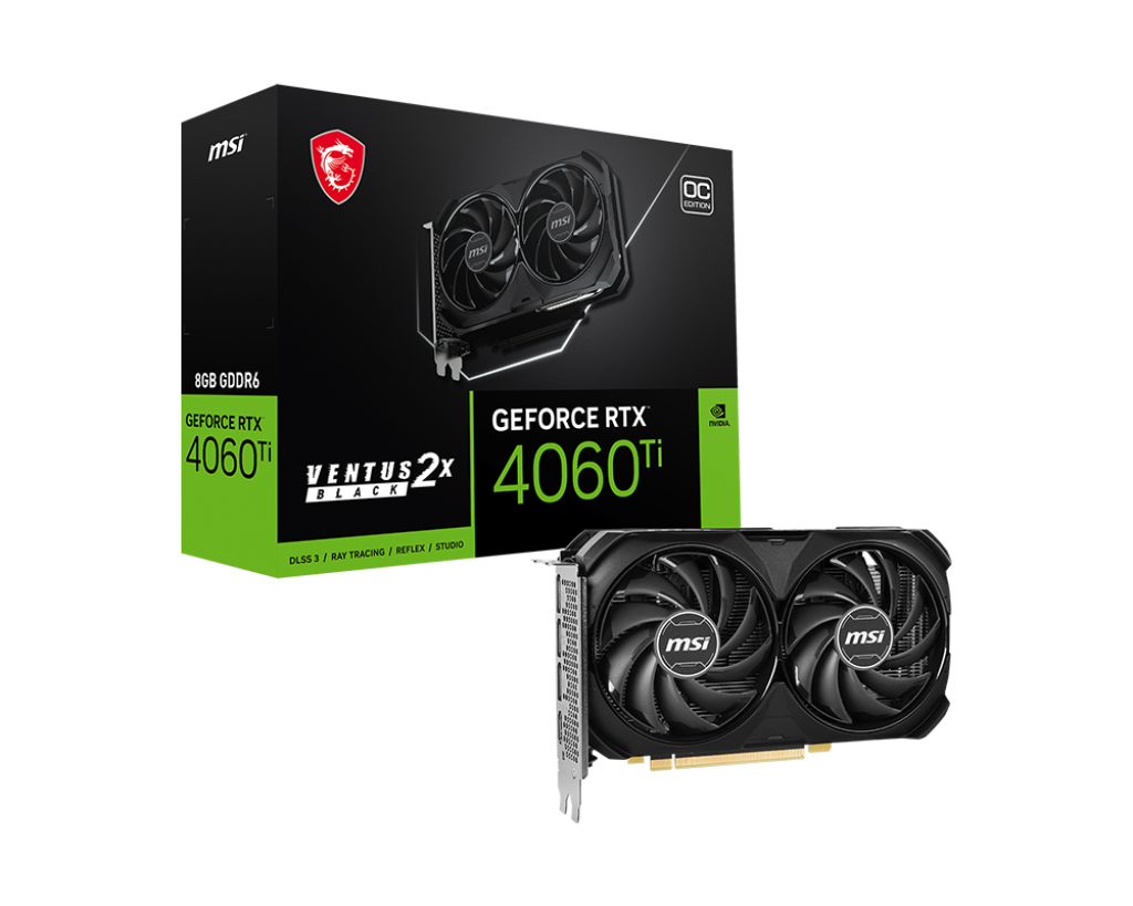 MSI Geforce RTX 4060 Ti Ventus 2X Black 8G OC, Dual Fan, DLSS 3.0, Ray Tracing, 8GB 128bit 288GB/s GDDR6,  PCI-E 4.0,  HDMI 2.1a/ DP1.4a