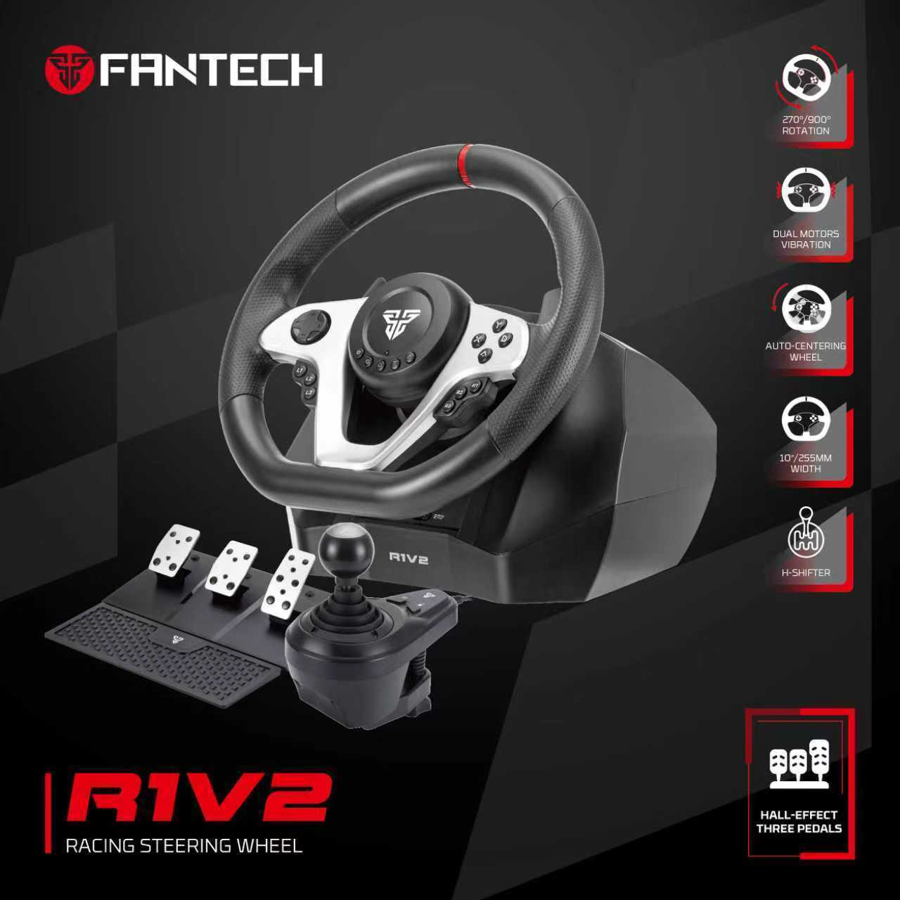 Fantech R1V2 Racing Steering Wheel | Dual-Motor Vibration | 270° / 900° Rotation | 15 Buttons + D-Pad | 6 Gears + Reverse | 3 Pedals (Clutch, Brake & Throttle) | PC Driving Wheel Set with Clutch and S