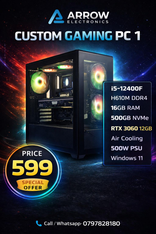 CUSTOM gaming pc (pc-1) Core i5-12400F / AIR COOLING / M.B H610M DDR4 / 16GB 3200 / RTX 3060 12GB DDR6 / GAMING CASE /POWER SUPPLY 500W / SSD 500GB NVME