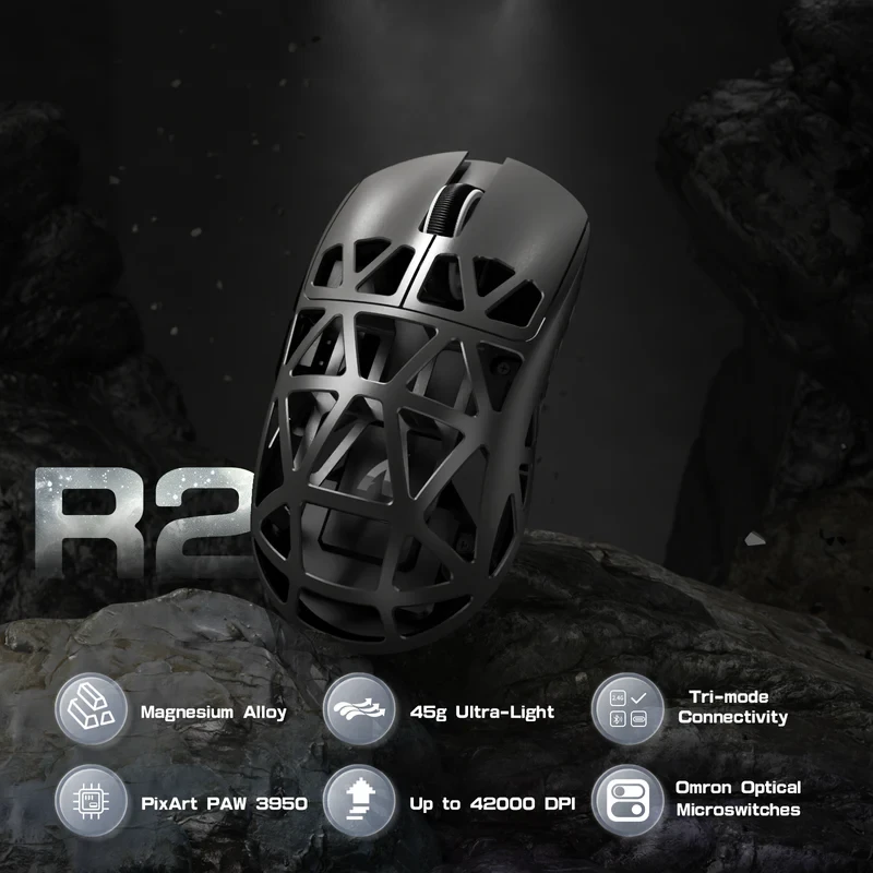 ATTACK SHARK R2 Magnesium Alloy PAW3950 Gaming Mouse 8K (Not Include the Charging Dock) 45g Magnesium Alloy SUPERLIGHT Mouse, PixArt PAW3950 Gaming Sensor, 8000Hz Wireless Polling Rate, 6 Adjustable D