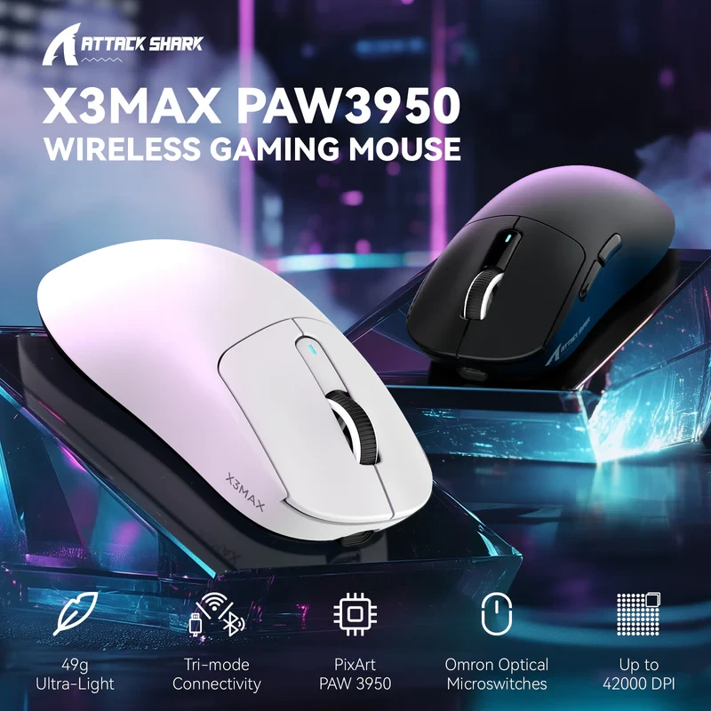 ATTACK SHARK PAW3950 Wireless Gaming Mouse 49g SUPERLIGHT Mouse, PixArt PAW3950 Gaming Sensor, 6 Adjustable DPI up to 42000, Bluetooth/2.4G Wireless/Wired