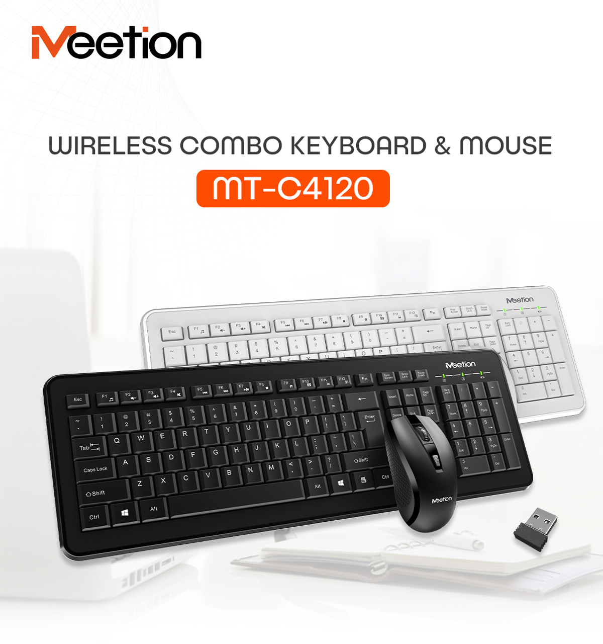 MeeTion MT-C4120 Computer Wireless Keyboard and Mouse Bundle BLACK/WHITE