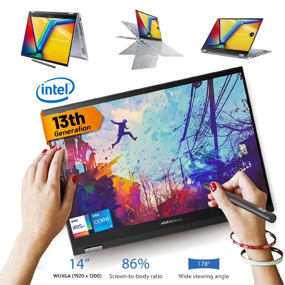 Laptop ASUS Vivobook S 14 (TP3402VA) Flip, Intel® Core™ i7-13700H Processor, 16GB DDR4, 512GB M.2, 14.0" WUXGA Touch Stylus, | 13th Generation - Cool Silver