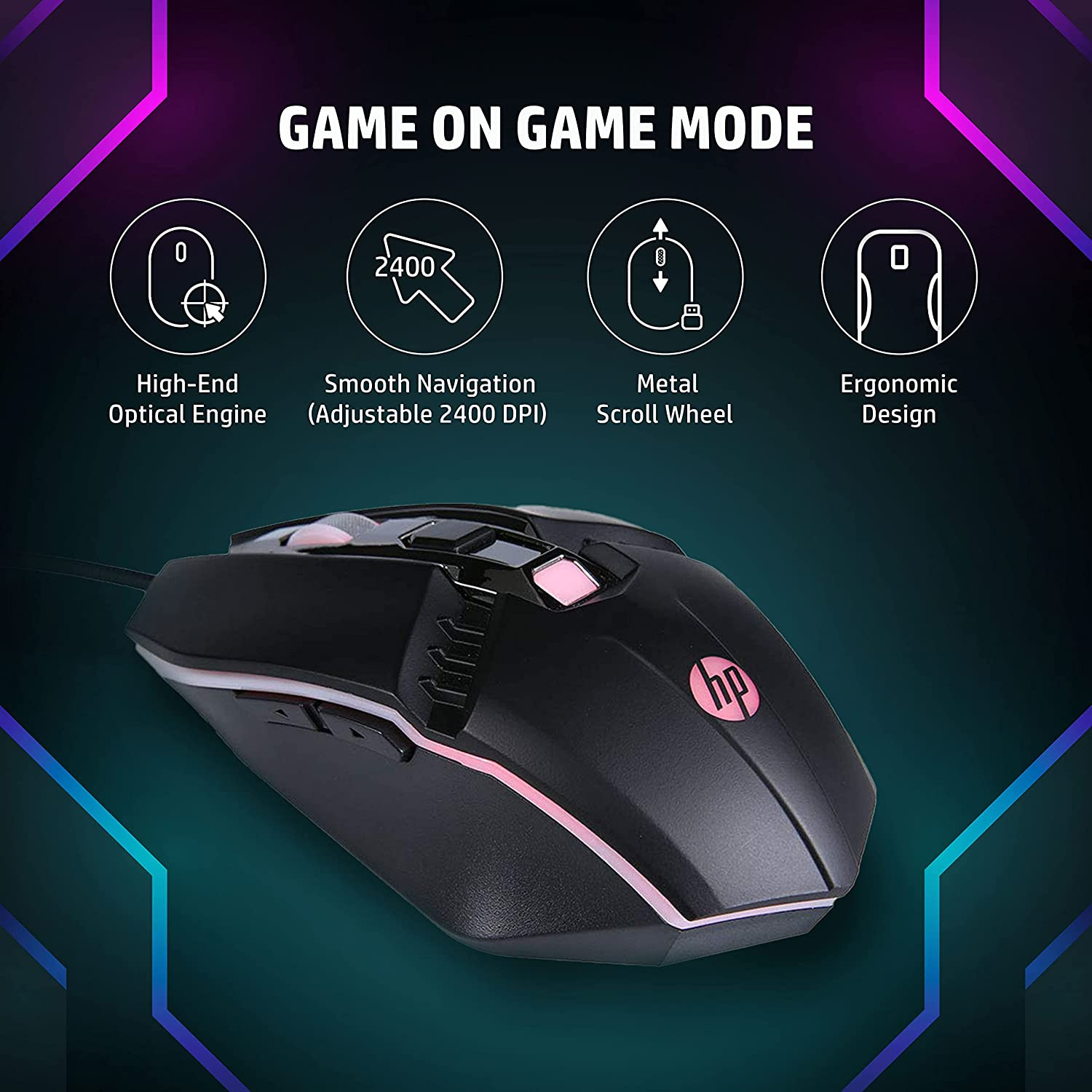 HP M270 Backlit USB Wired Gaming Mouse with 6 Buttons, 4-Speed Customizable 2400 DPI